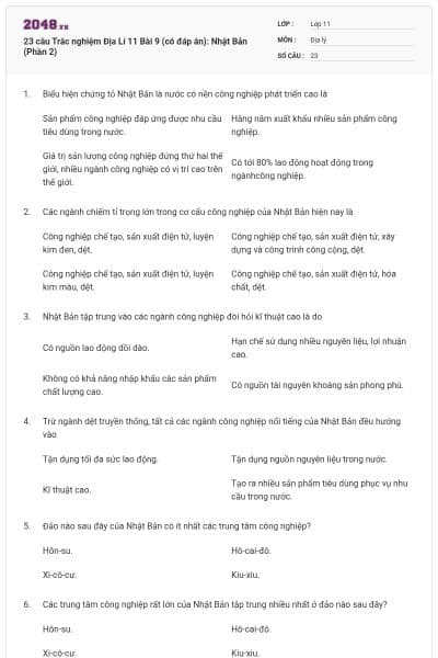 23 câu Trắc nghiệm Địa Lí 11 Bài 9 (có đáp án): Nhật Bản (Phần 2)