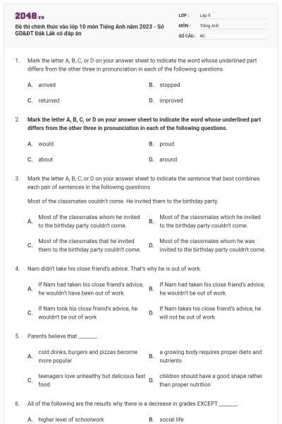 Đề thi chính thức vào lớp 10 môn Tiếng Anh năm 2023 - Sở GD&ĐT Đắk Lắk có đáp án