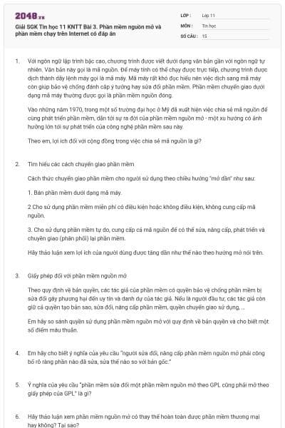 Giải SGK Tin học 11 KNTT Bài 3. Phần mềm nguồn mở và phần mềm chạy trên Internet có đáp án