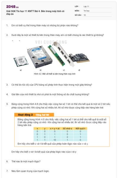 Giải SGK Tin học 11 KNTT Bài 4. Bên trong máy tính có đáp án