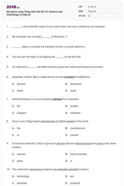 Bài tập từ vựng Tiếng Anh Chủ đề 14: Science and technology có đáp án