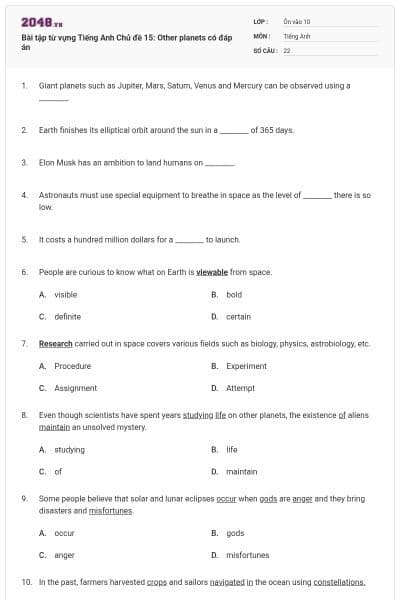 Bài tập từ vựng Tiếng Anh Chủ đề 15: Other planets có đáp án