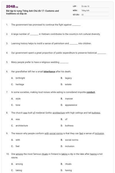 Bài tập từ vựng Tiếng Anh Chủ đề 17: Customs and traditions có đáp án