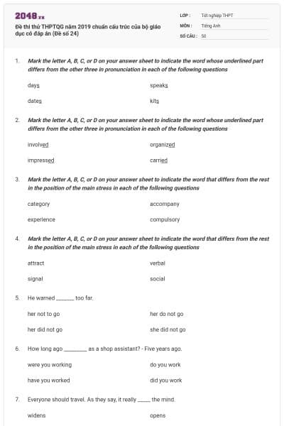Đề thi thử THPTQG năm 2019 chuẩn cấu trúc của bộ giáo dục có đáp án (Đề số 24)