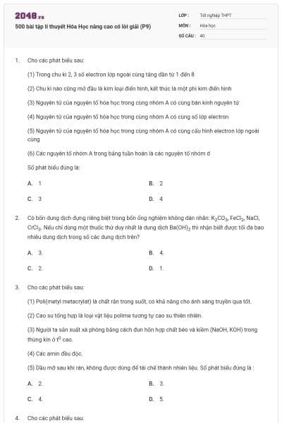 500 bài tập lí thuyết Hóa Học nâng cao có lời giải (P9)