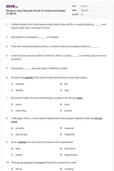 Bài tập từ vựng Tiếng Anh Chủ đề 18: Festival and holiday có đáp án