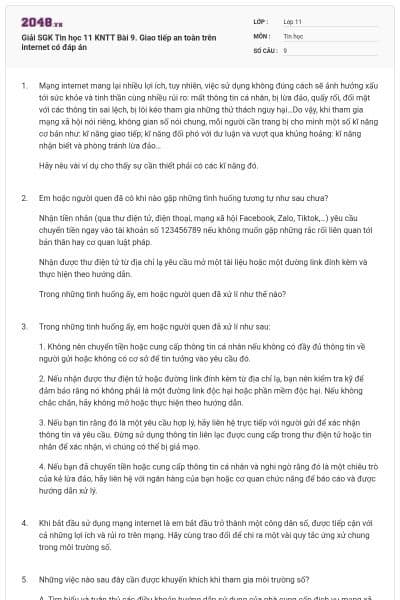 Giải SGK Tin học 11 KNTT Bài 9. Giao tiếp an toàn trên internet có đáp án