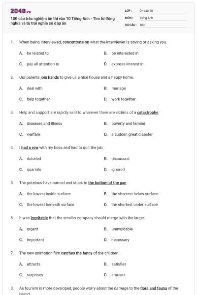 100 câu trắc nghiệm ôn thi vào 10 Tiếng Anh - Tìm từ đồng nghĩa và từ trái nghĩa có đáp án