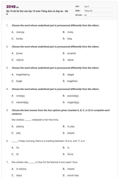 Bộ 10 đề thi thử vào lớp 10 môn Tiếng Anh có đáp án - Đề 6