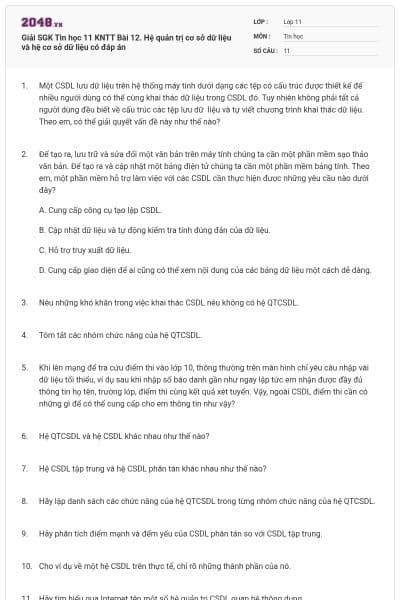 Giải SGK Tin học 11 KNTT Bài 12. Hệ quản trị cơ sở dữ liệu và hệ cơ sở dữ liệu có đáp án