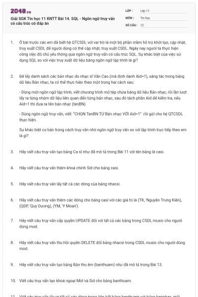 Giải SGK Tin học 11 KNTT Bài 14. SQL - Ngôn ngữ truy vấn có cấu trúc có đáp án