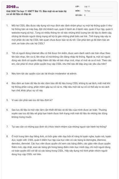 Giải SGK Tin học 11 KNTT Bài 15. Bảo mật và an toàn hệ cơ sở dữ liệu có đáp án