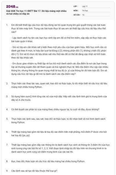 Giải SGK Tin học 11 KNTT Bài 17. Dữ liệu mảng một chiều và hai chiều có đáp án