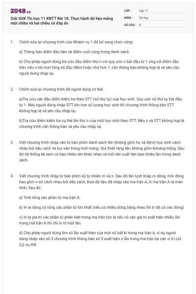 Giải SGK Tin học 11 KNTT Bài 18. Thực hành dữ liệu mảng một chiều và hai chiều có đáp án