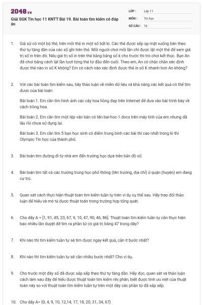 Giải SGK Tin học 11 KNTT Bài 19. Bài toán tìm kiếm có đáp án