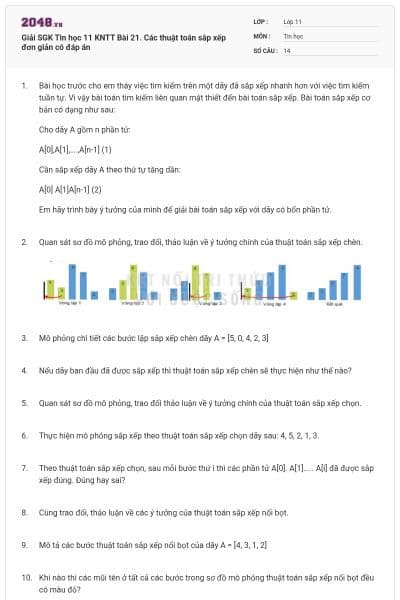 Giải SGK Tin học 11 KNTT Bài 21. Các thuật toán sắp xếp đơn giản có đáp án