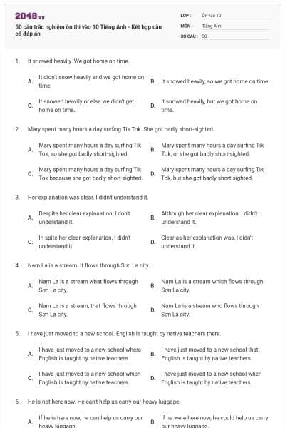 50 câu trắc nghiệm ôn thi vào 10 Tiếng Anh - Kết hợp câu có đáp án