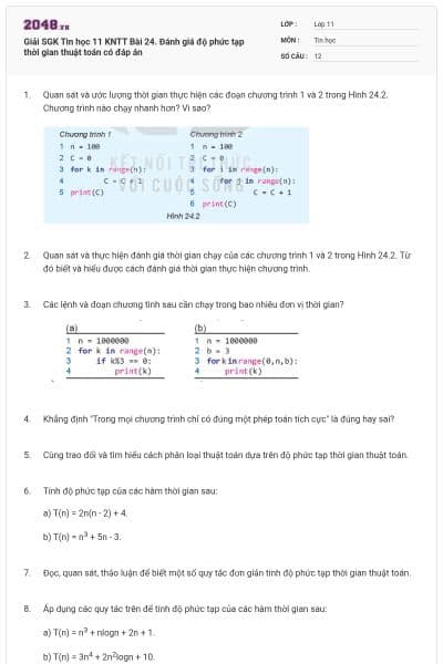 Giải SGK Tin học 11 KNTT Bài 24. Đánh giá độ phức tạp thời gian thuật toán có đáp án