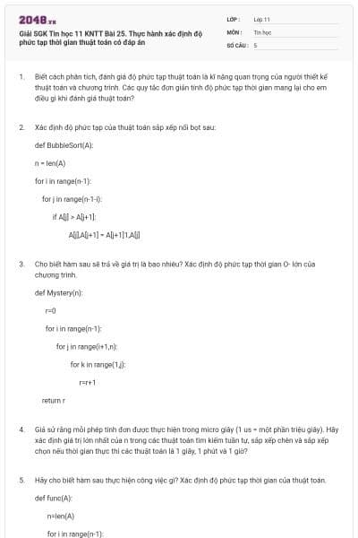 Giải SGK Tin học 11 KNTT Bài 25. Thực hành xác định độ phức tạp thời gian thuật toán có đáp án