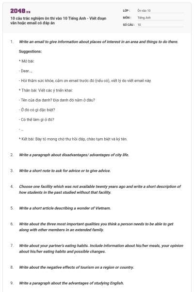 10 câu trắc nghiệm ôn thi vào 10 Tiếng Anh - Viết đoạn văn hoặc email có đáp án