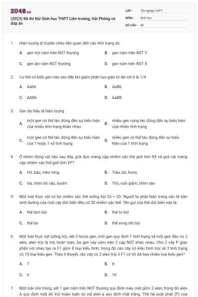(2023) Đề thi thử Sinh học THPT Liên trường, Hải Phòng có đáp án
