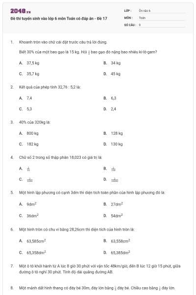 Đề thi tuyển sinh vào lớp 6 môn Toán có đáp án - Đề 17
