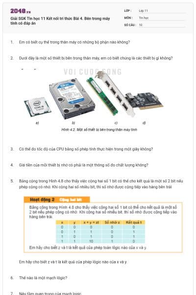 Giải SGK Tin học 11 Kết nối tri thức Bài 4. Bên trong máy tính có đáp án