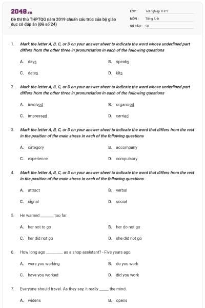 Đề thi thử THPTQG năm 2019 chuẩn cấu trúc của bộ giáo dục có đáp án (Đề số 24)