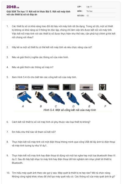 Giải SGK Tin học 11 Kết nối tri thức Bài 5. Kết nối máy tính với các thiết bị số có đáp án
