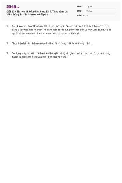 Giải SGK Tin học 11 Kết nối tri thức Bài 7. Thực hành tìm kiếm thông tin trên Internet có đáp án