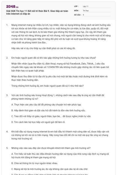 Giải SGK Tin học 11 Kết nối tri thức Bài 9. Giao tiếp an toàn trên internet có đáp án