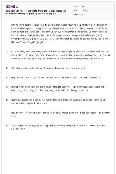 Giải SGK Tin học 11 Kết nối tri thức Bài 10. Lưu trữ dữ liệu và khai thác thông tin phục vụ quản lí có đáp án
