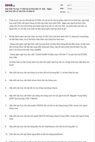 Giải SGK Tin học 11 Kết nối tri thức Bài 14. SQL - Ngôn ngữ truy vấn có cấu trúc có đáp án