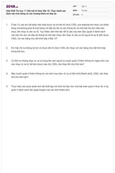 Giải SGK Tin học 11 Kết nối tri thức Bài 18. Thực hành xác định cấu trúc bảng và các trường khóa có đáp án