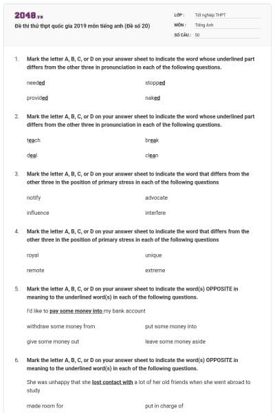 Đề thi thử thpt quốc gia 2019 môn tiếng anh (Đề số 20)