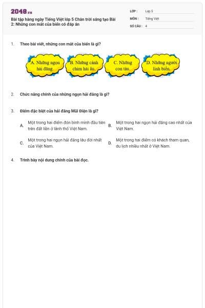 Bài tập hàng ngày Tiếng Việt lớp 5 Chân trời sáng tạo Bài 2: Những con mắt của biển có đáp án