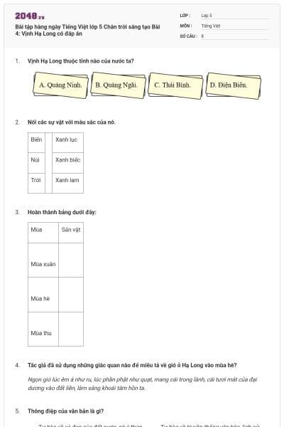 Bài tập hàng ngày Tiếng Việt lớp 5 Chân trời sáng tạo Bài 4: Vịnh Hạ Long có đáp án