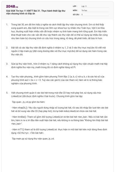 Giải SGK Tin học 11 KNTT Bài 31. Thực hành thiết lập thư viện chương trình có đáp án
