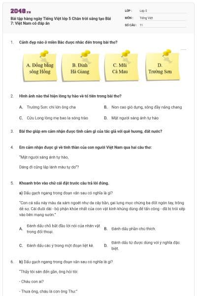 Bài tập hàng ngày Tiếng Việt lớp 5 Chân trời sáng tạo Bài 7: Việt Nam có đáp án