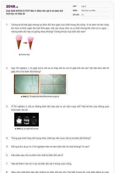 Giải SGK KHTN 8 CTST Bài 2: Biến đổi vật lí và biến đổi hoá học có đáp án