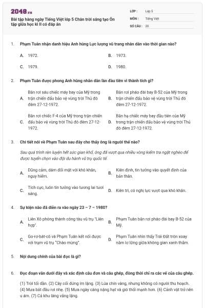 Bài tập hàng ngày Tiếng Việt lớp 5 Chân trời sáng tạo Ôn tập giữa học kì II có đáp án