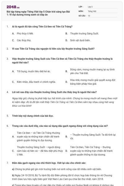 Bài tập hàng ngày Tiếng Việt lớp 5 Chân trời sáng tạo Bài 1: Vì đại dương trong xanh có đáp án