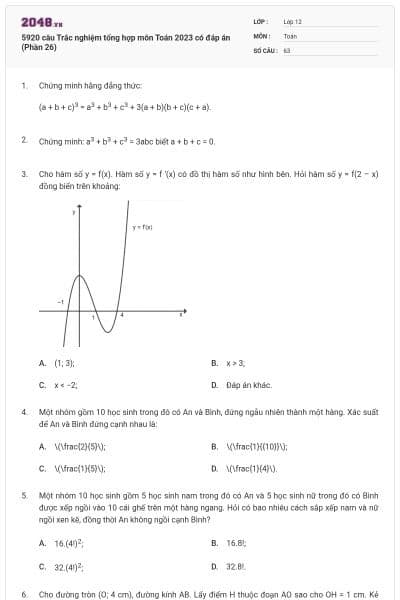 5920 câu Trắc nghiệm tổng hợp môn Toán 2023 có đáp án (Phần 26)