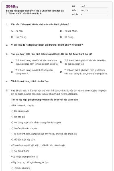 Bài tập hàng ngày Tiếng Việt lớp 5 Chân trời sáng tạo Bài 2: Thành phố Vì hòa bình có đáp án
