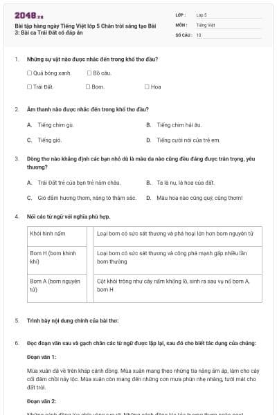Bài tập hàng ngày Tiếng Việt lớp 5 Chân trời sáng tạo Bài 3: Bài ca Trái Đất có đáp án