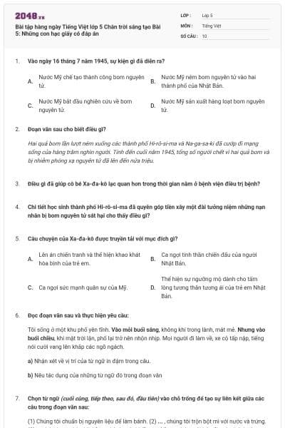 Bài tập hàng ngày Tiếng Việt lớp 5 Chân trời sáng tạo Bài 5: Những con hạc giấy có đáp án