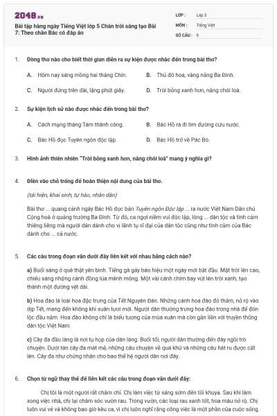 Bài tập hàng ngày Tiếng Việt lớp 5 Chân trời sáng tạo Bài 7: Theo chân Bác có đáp án