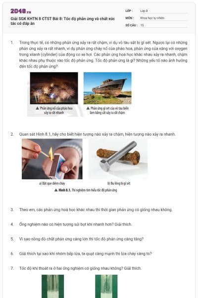 Giải SGK KHTN 8 CTST Bài 8: Tốc độ phản ứng và chất xúc tác có đáp án