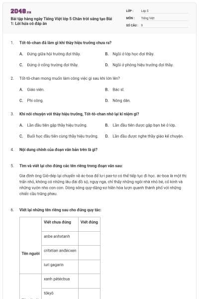 Bài tập hàng ngày Tiếng Việt lớp 5 Chân trời sáng tạo Bài 1: Lời hứa có đáp án