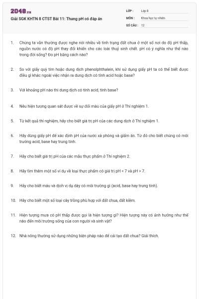 Giải SGK KHTN 8 CTST Bài 11: Thang pH có đáp án